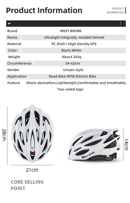 WEST BIKING Ultralight Cycling Helmet - Integrated Molding MTB & Road Bike Helmet for Men & Women