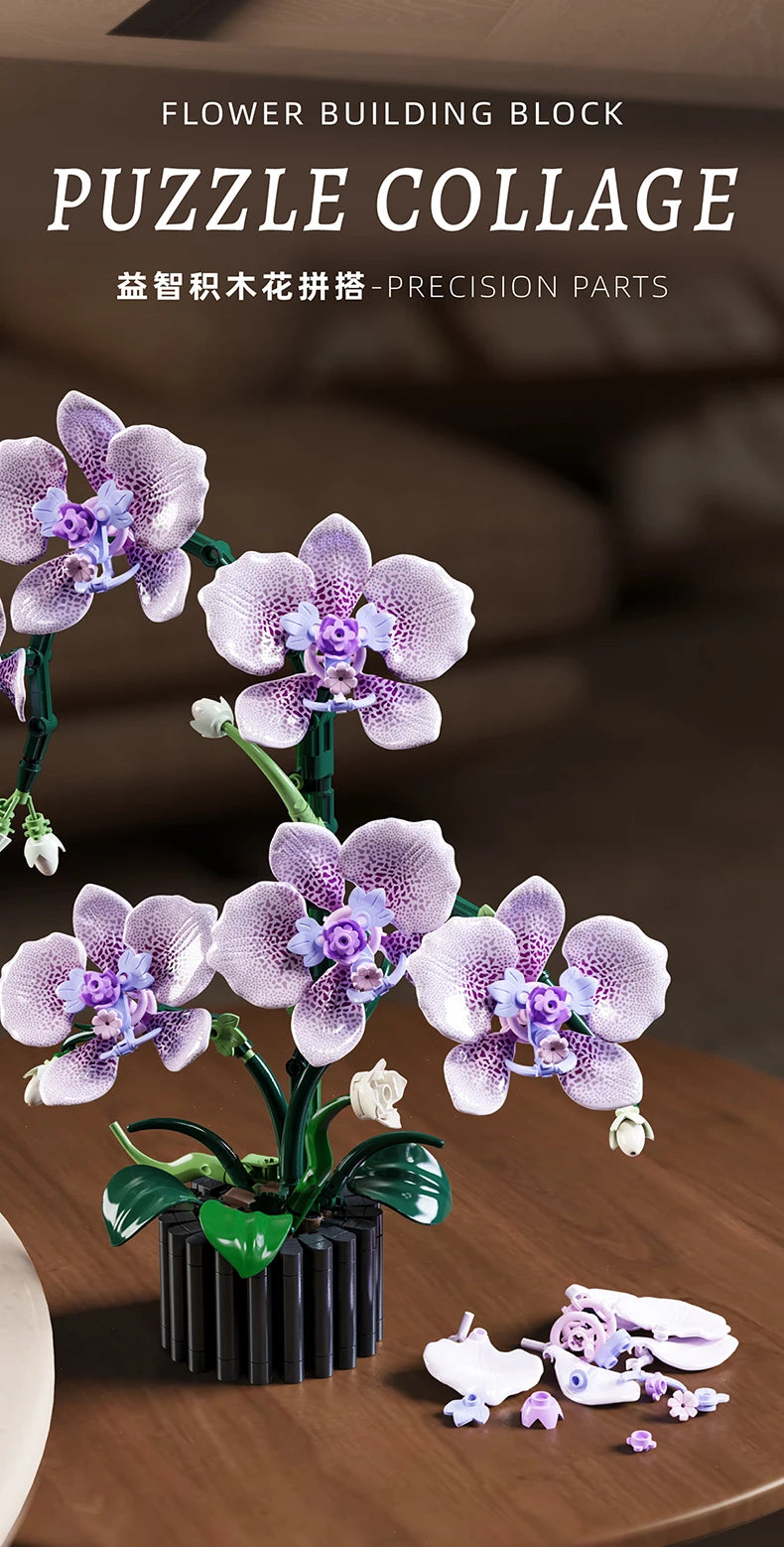 619PCS Phalaenopsis Orchid Building Blocks – Potted Flower Model Toy for Kids & Home Decor