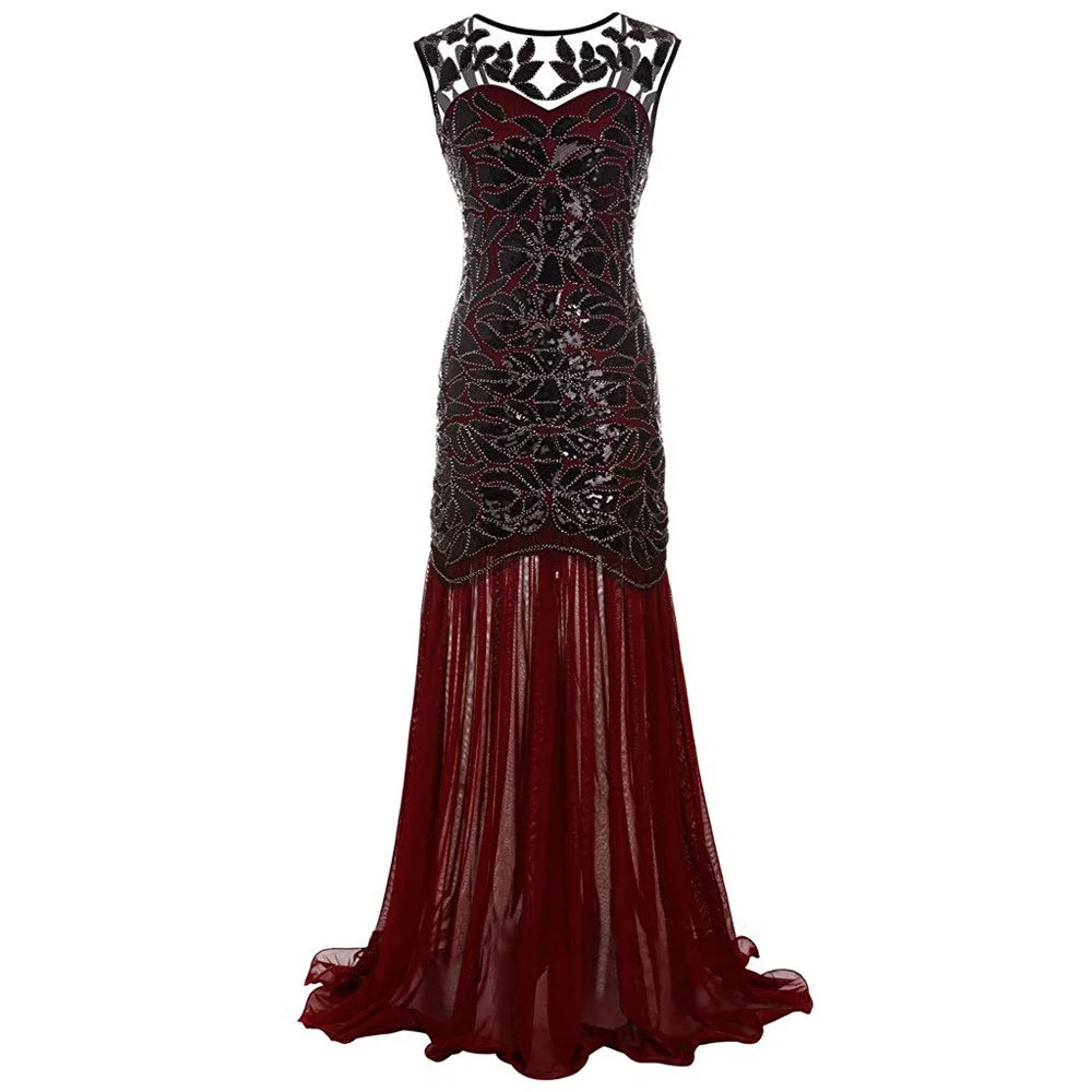 Women’s 1920s Great Gatsby Flapper Dress – Vintage V-Neck Sequin & Bead Long Mesh Maxi Party Prom Gown