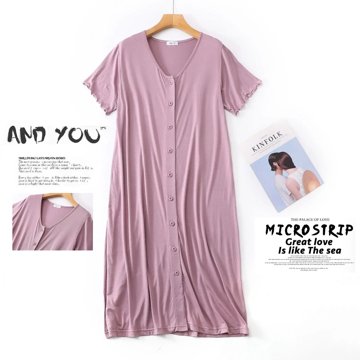 Women’s Modal Short-Sleeve Night Dress – Mid-Length Cotton Sleep Top with Buttons, Plus Size Pajamas