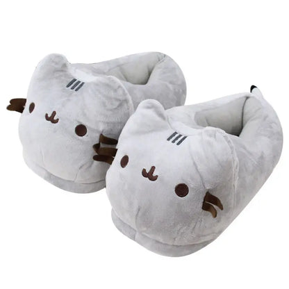Chubby Gray Cat Plush Slippers - Warm, Fluffy Indoor House Shoes for Men and Women, Cozy Autumn and Winter Couple Gifts