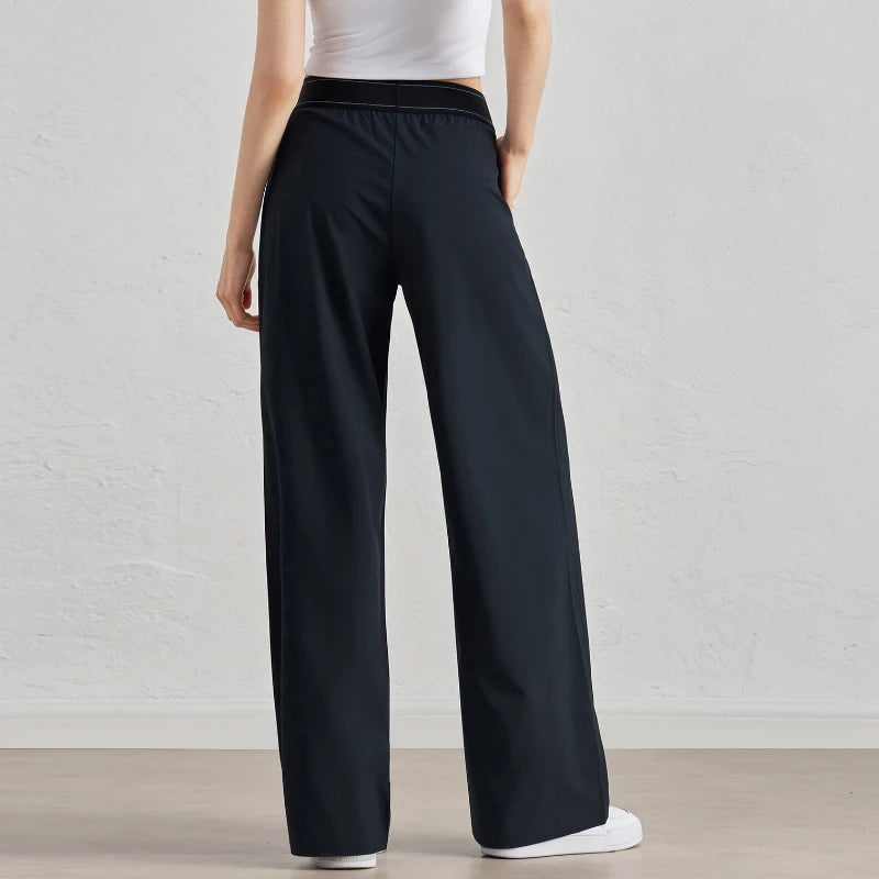 Women’s Summer Sports Yoga Pants – Wide Leg, Elastic Waist, Quick-Dry Black Fitness Trousers
