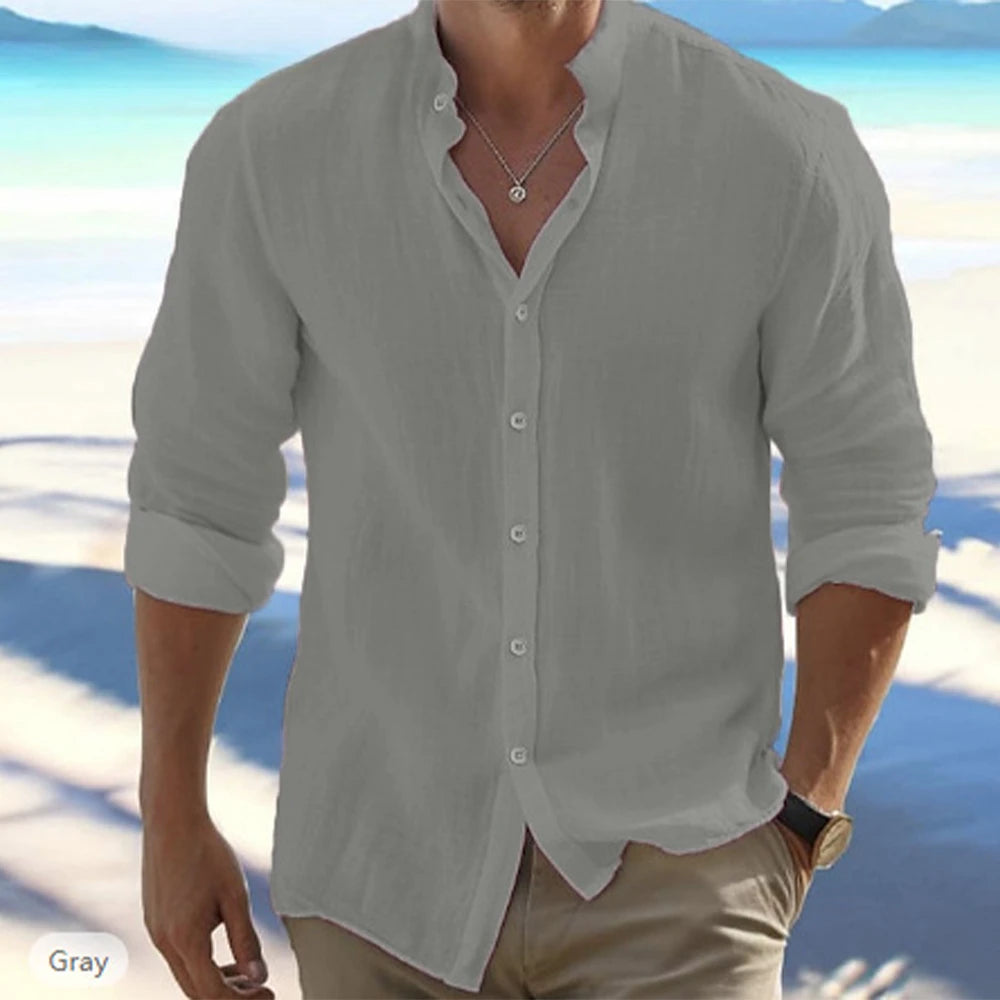 Men's Cotton Linen Long Sleeve Shirt - Solid Color Stand Collar Casual Beach Style Plus Size Summer Top
