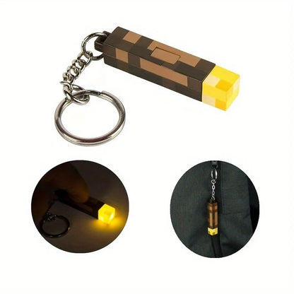Glow-in-the-Dark Anime Gamer Keychain – Classic Torch Design with Pixelated Wooden Texture Plastic Pendant