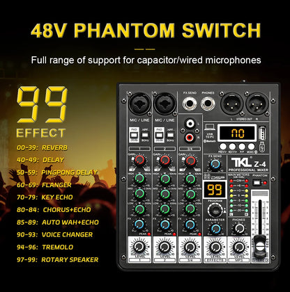 TKL 4-Channel DSP Audio Mixer with 48V Phantom Power, USB, Bluetooth DJ Console for Karaoke Studio Mixing