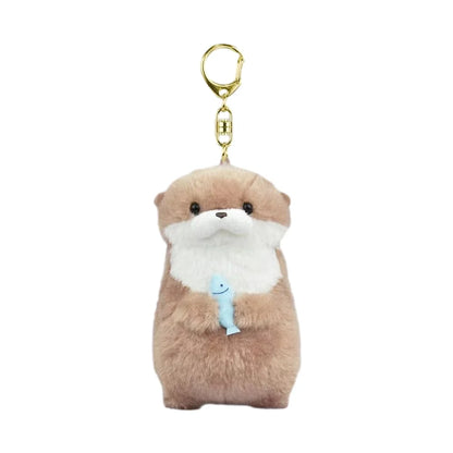 Cute Otters Holding Fish Plush Keyring - Lightweight Hanging Pendant, School Bag, Key Wallet & Toy Gift (11cm)