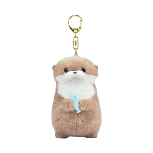 Cute Otters Holding Fish Plush Keyring - Lightweight Hanging Pendant, School Bag, Key Wallet & Toy Gift (11cm)