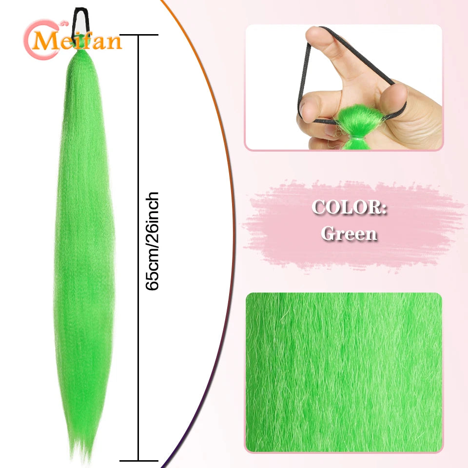 MEIFAN Synthetic Color Braid Ponytail Extension – Red, Green, Blue, Pink, Straight Hair Wrap Around with Elastic Tie