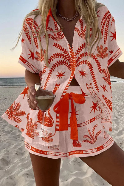 Women’s Summer 2-Piece Set – Lapel Short-Sleeve Shirt & Shorts, Elegant Loose Printed Outfit