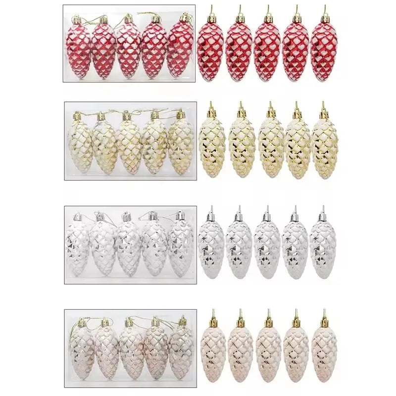 5-Piece Christmas Pine Cone Ball Ornaments 2024/2025 – Painted Hanging Pendants for Tree Decoration & Holiday Home Gift