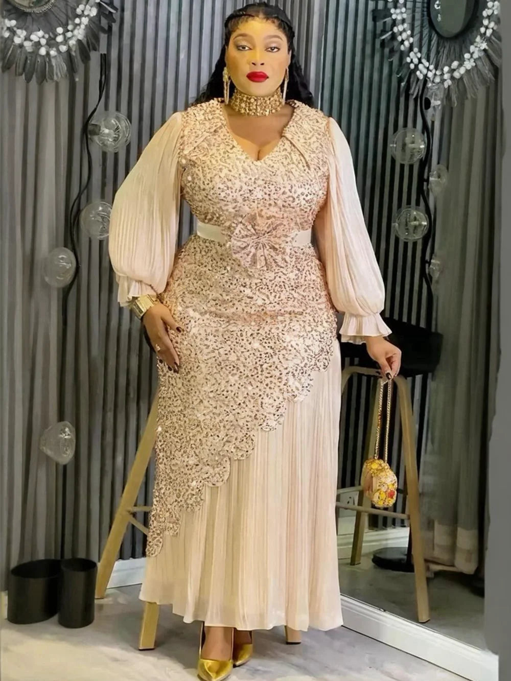 Elegant African Dresses for Women - Plus Size Sequin Dashiki Ankara Maxi Evening Party Dress