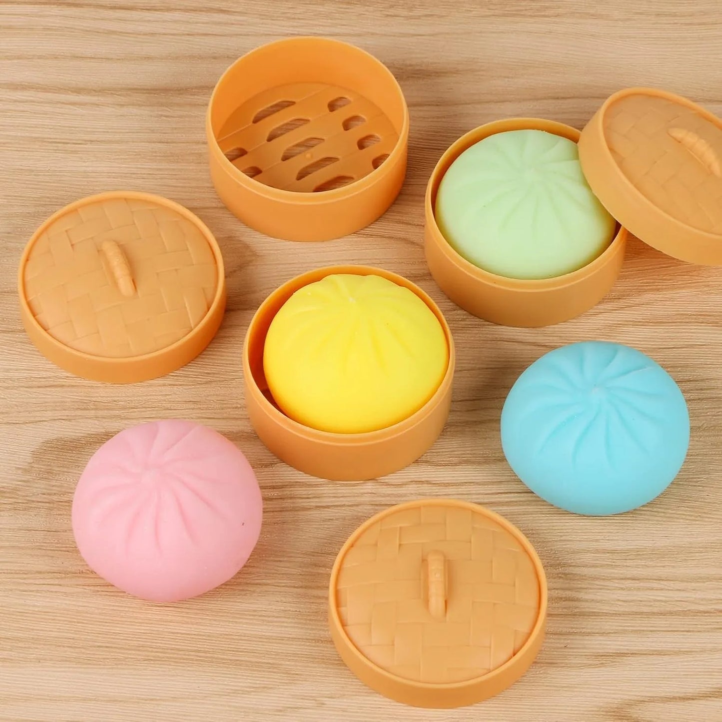 Colorful Dumpling Squishy Stress Balls – Fidget Sensory Toy, Food Simulation Bun with Steamer, Squeeze Dough Ball Gift