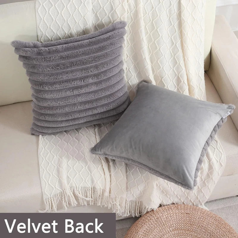 Faux Rabbit Fur Square Cushion Cover – Thick Striped Super Soft Solid Color Pillow, 45x45cm Sofa Decor