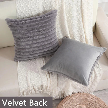Faux Rabbit Fur Square Cushion Cover – Thick Striped Super Soft Solid Color Pillow, 45x45cm Sofa Decor