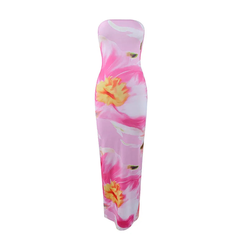 Women’s Floral Strapless Maxi Dress - High Waist Slim Fit Summer Vacation & Evening Party Dress