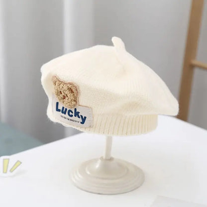 Flower Baby Beret Hat – Winter Warm Knitted Beanie for Infant & Toddler Girls, Korean Princess Artist Painter Cap Solid Color