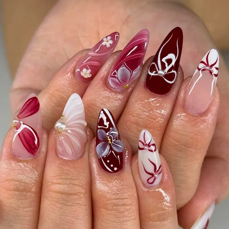 24PCS Strawberry Bow Press On Nails - Red Short Almond Pearl Starlight Floral False Nail Art Tips