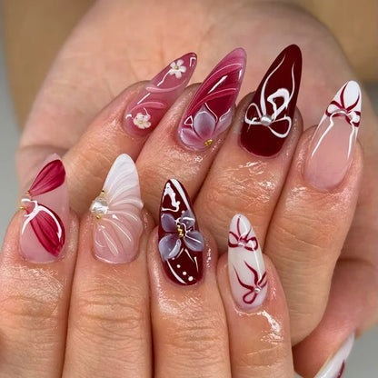 24PCS Strawberry Bow Press On Nails - Red Short Almond Pearl Starlight Floral False Nail Art Tips