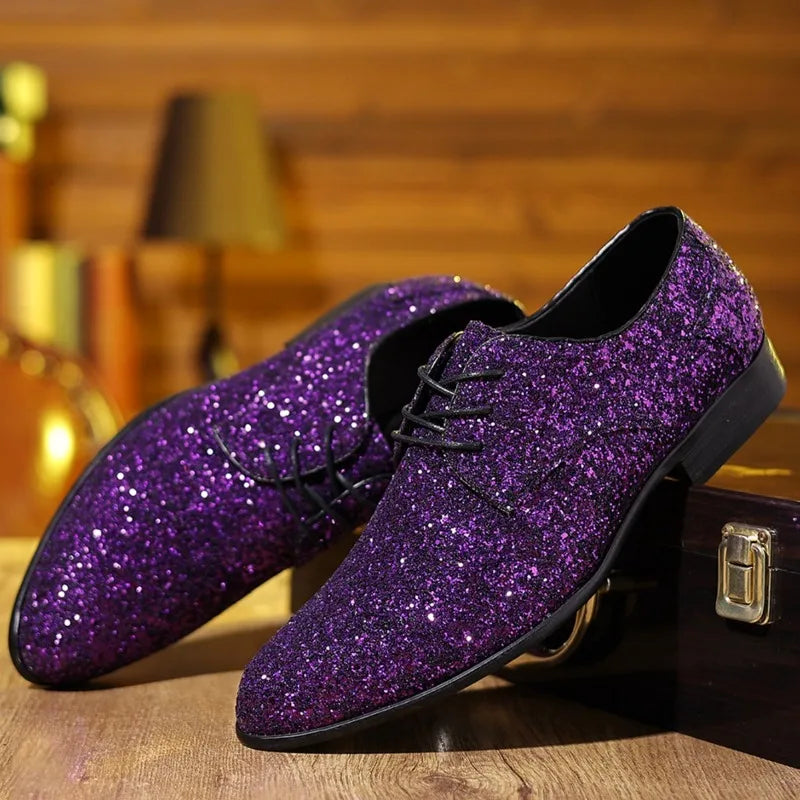 Men’s Luxury Sequin Oxford Dress Shoes - Gold & Silver Lace-Up Wedding Flats Large Size