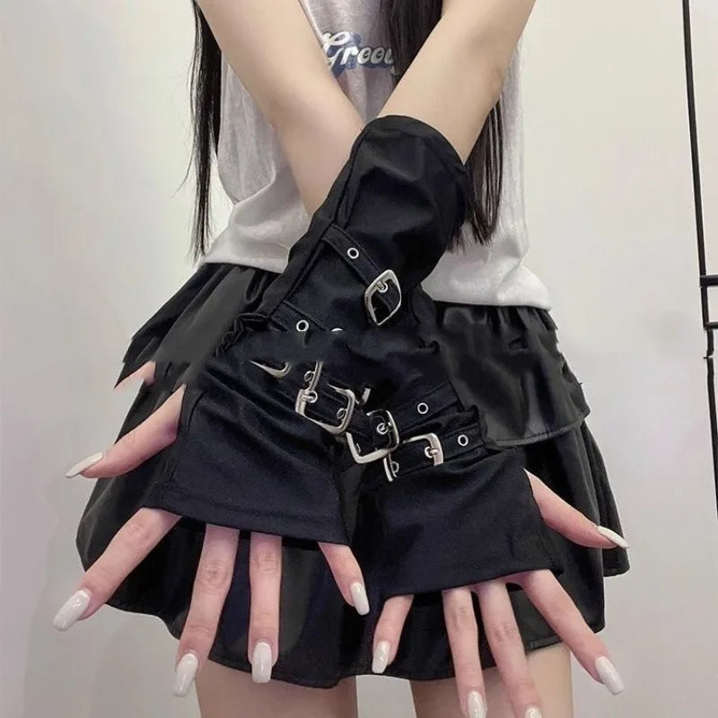 Y2K Personalized Buckle Fingerless Gloves - Punk Hip Hop Stage Performance & Street Dance Sleeves