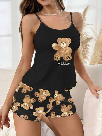 Women’s Black Bear Pajama Set - Cute Sling Crop Top & Shorts Summer Loungewear Sleepwear