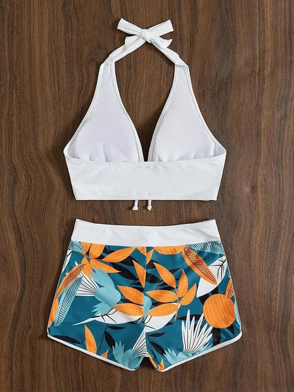 Women's High Waist Printed Bikini Set - Conservative Halter Split Swimsuit for Summer Beachwear