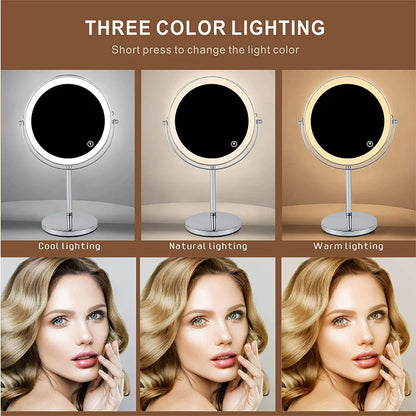 8 Inch 10X Magnifying LED Makeup Mirror - Double-Sided with 3 Color Light Touch Switch, USB Charging, Desktop Vanity Cosmetic Mirror