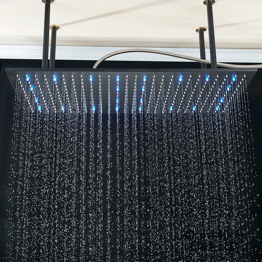 Black Ceiling Mounted LED Rainfall Shower Head – Intelligent Remote Control Concealed Waterfall Tap