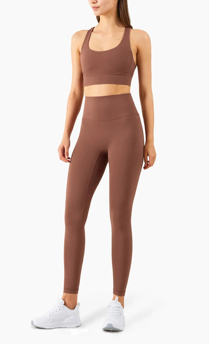 Summer 2 Piece Women's Yoga Tracksuit - Cross-Back Nylon Top and Leggings Athletic Set for Pilates and Fitness
