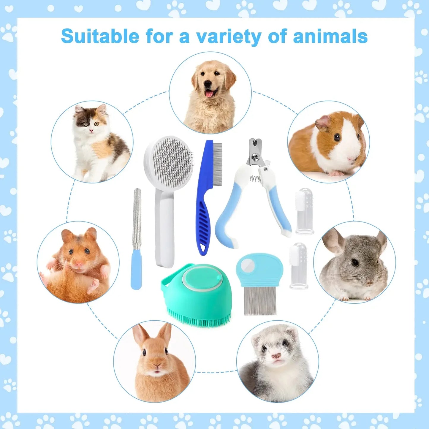 8Pcs Cat Grooming Kit – Flea Comb, Shedding Brush, Pet Shampoo Bath Brush & Silicone Toothbrush Set for Cats & Pets