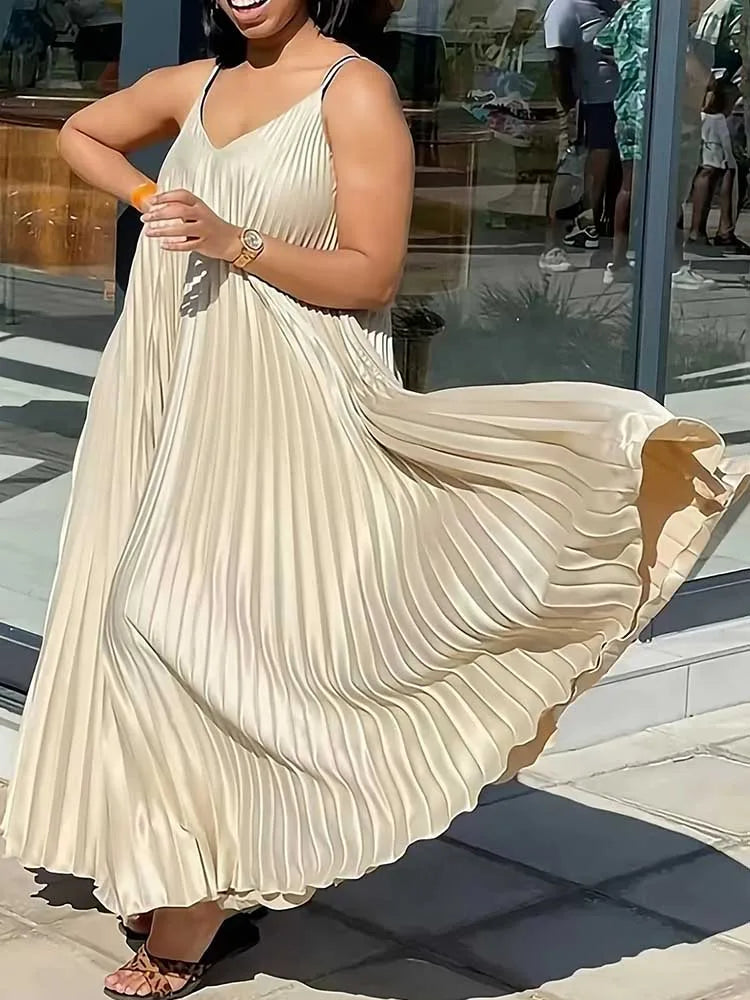 Women’s Summer Sleeveless V-Neck Dress – Elegant Pleated Loose Long Dress, Thin Straps, Plus Size
