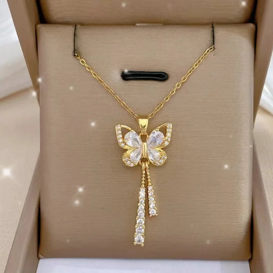 Exquisite Micro Inlaid Zircon Butterfly Tassel Necklace – Titanium Steel, Perfect Gift for Fashion-Forward Women