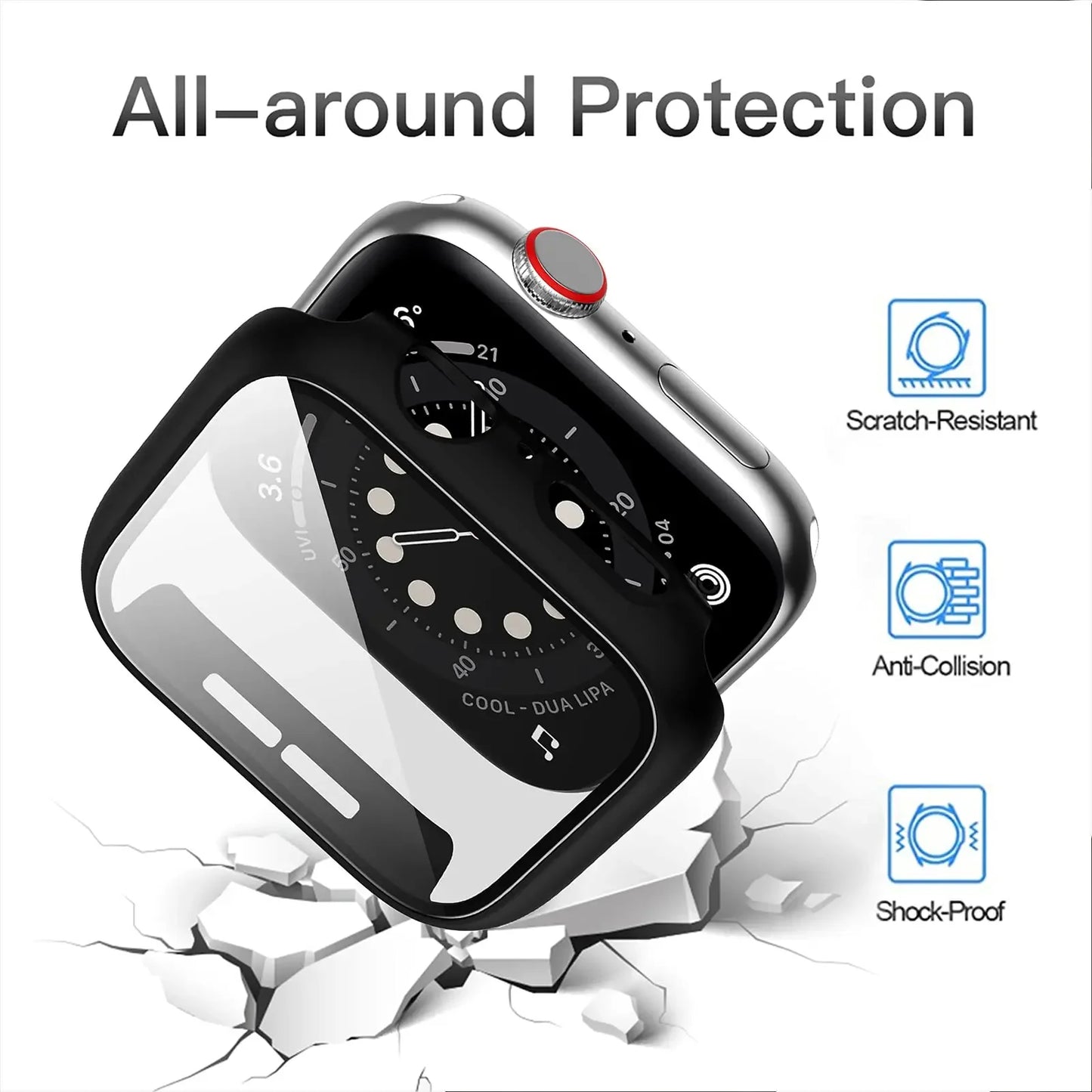 Apple Watch Tempered Glass Case - Full Cover PC Bumper Screen Protector for Series 9 8 7 6 SE 45mm 41mm 44mm 40mm