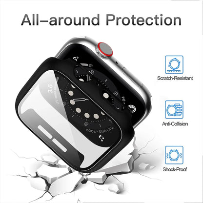 Apple Watch Tempered Glass Case - Full Cover PC Bumper Screen Protector for Series 9 8 7 6 SE 45mm 41mm 44mm 40mm