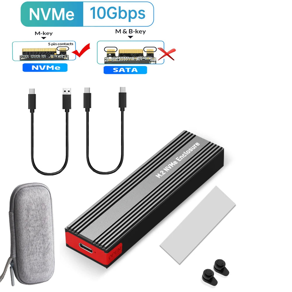 M2 NVMe SSD Enclosure – 10Gbps PCIe SSD Case, Portable USB-C 3.2 Gen2 Adapter with Heat Sink Pad, Tool-Free External Box for M.2 SSD