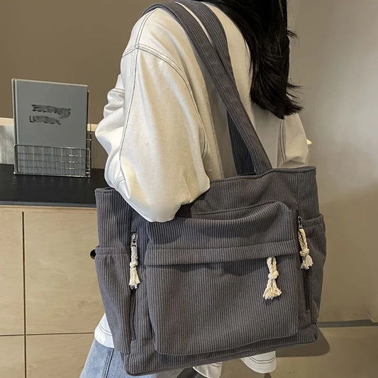 Corduroy Shoulder Bag - Women's Multi-Pocket Zipper Tote Handbag for Daily Commuting & Travel