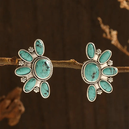 Vintage Tribal Gemstone Earrings - Women's Ethnic Style Rose Red Blue Fashion Jewelry Gift