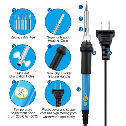 60W Adjustable Temperature Soldering Iron - 110V/220V Electric Welding Iron for DIY & Electronics Repair