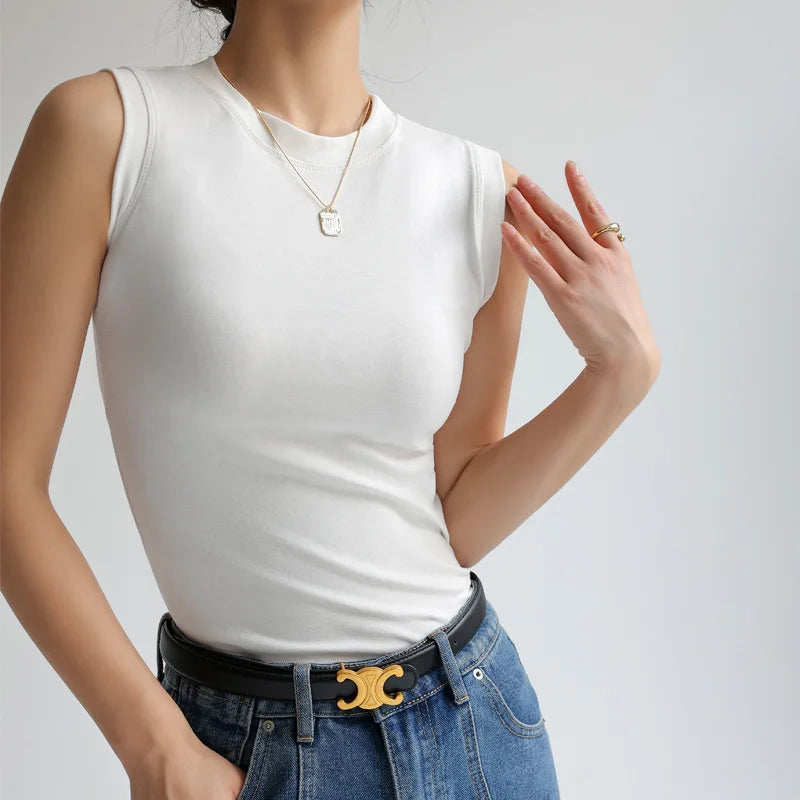 Women’s Cotton Camisole Vest – Colorful Round Neck Basic Sleeveless Undershirt with Side Cleavage Coverage C4878