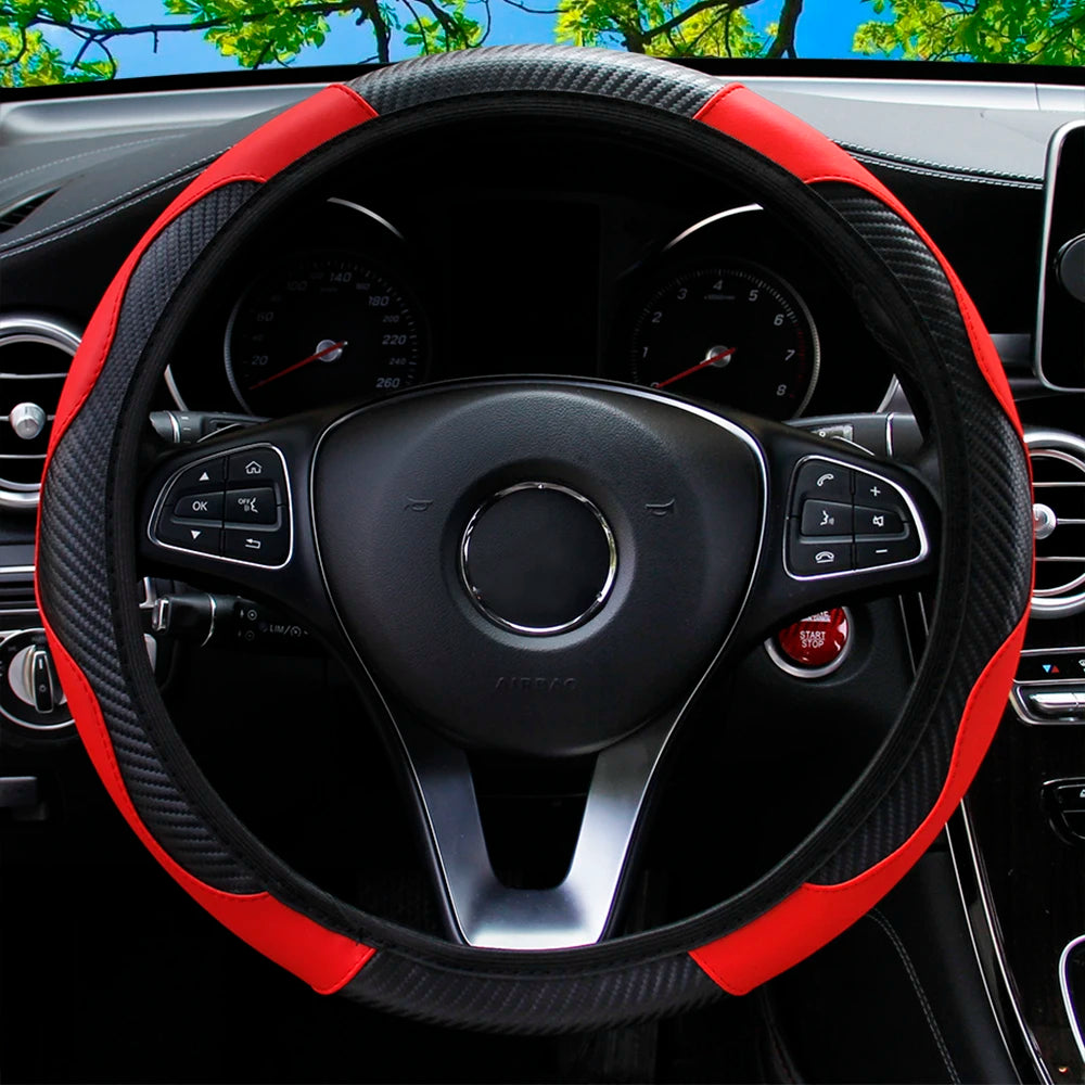PU Carbon Fiber Leather Steering Wheel Cover — No Inner Ring, Fits 14.5-15 Inch Cars