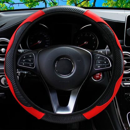 PU Carbon Fiber Leather Steering Wheel Cover — No Inner Ring, Fits 14.5-15 Inch Cars