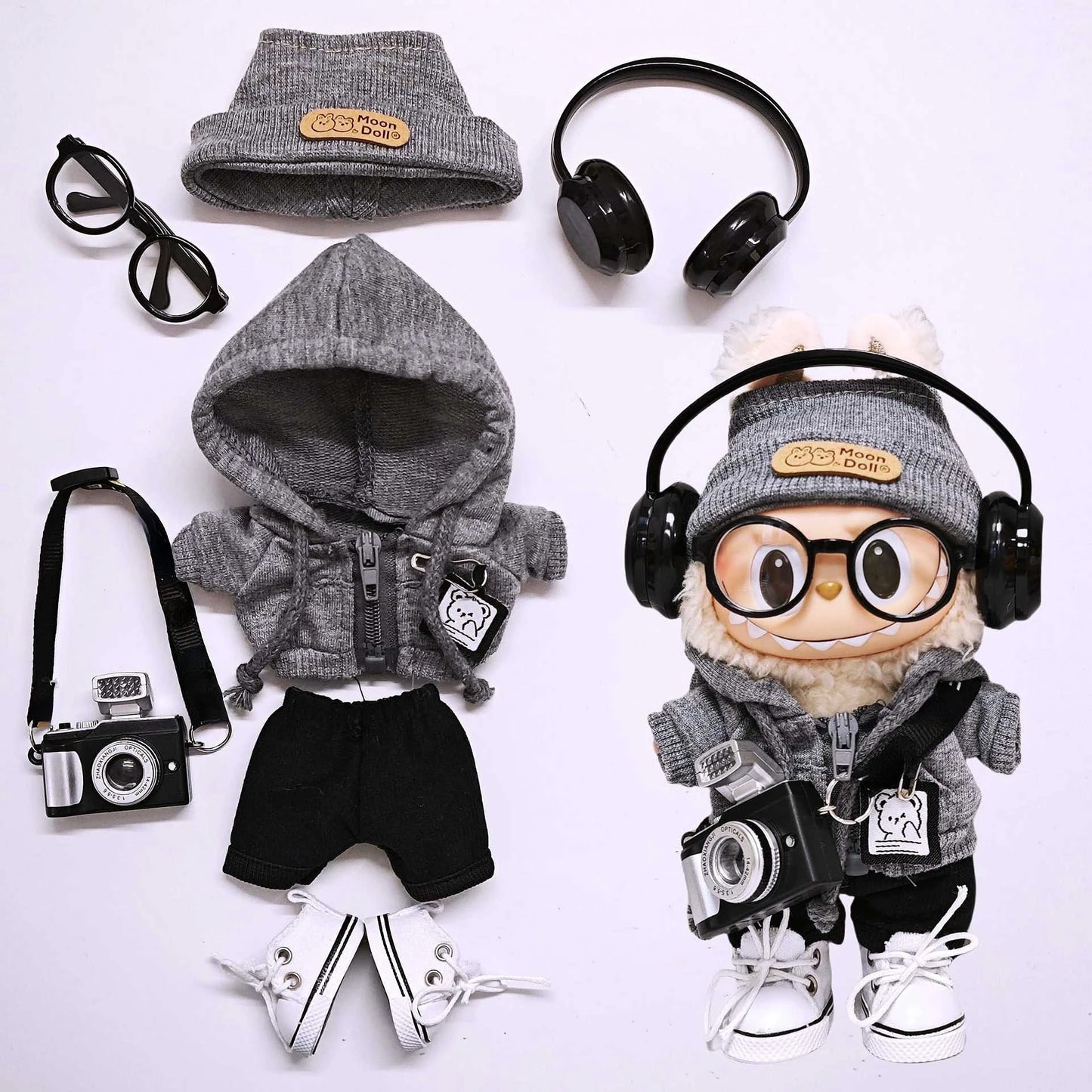 Labubu 15cm/17cm Universal Hoodie Set – Gray Trendy Outfit with Camera, Glasses, Headphones & Canvas Shoes (Series 1-3 Compatible)