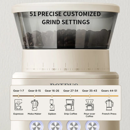 Petrus Electric Coffee Bean Grinder | 51 Precise Settings | Stainless Steel Conical Burr Grinder with Digital Timer Display
