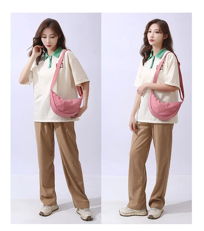 Solid Color Women's Portable Shoulder Bag – Simple Nylon Cloth Padded Crossbody Travel Purse & Messenger Bag