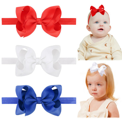Girls Grosgrain Ribbon Bow Headbands - 3-Piece 4-Inch Cute Elastic Hair Accessories