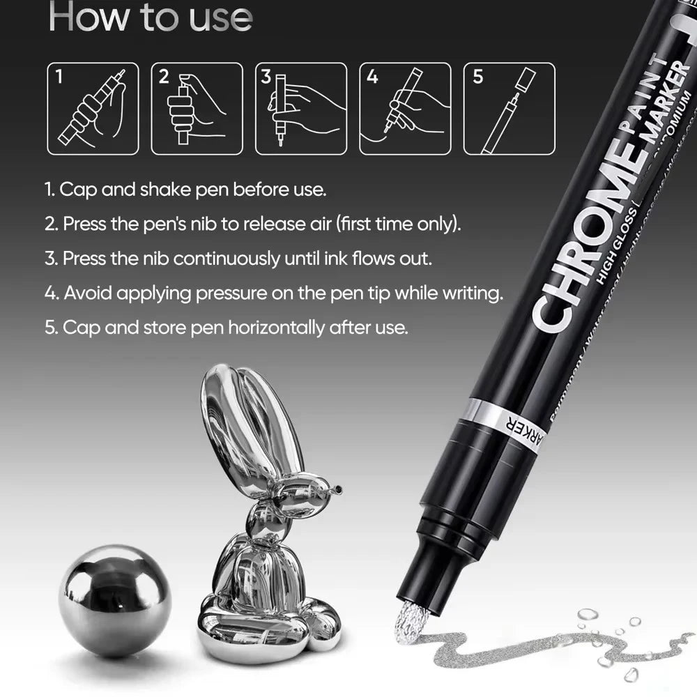Chrome Paint Marker Pen - Waterproof Gold & Silver Metallic Repair Marker for Glass, Ceramic, Rock & Metal, 2mm Nib