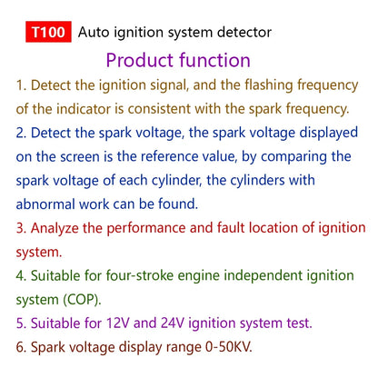 T100 Auto Ignition System Tester — 12V/24V Detector for Ignition Signal & Spark Voltage Testing
