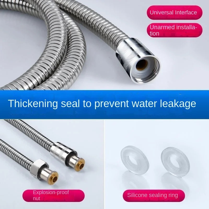Flexible Shower Hose 1.5/2M — Black/Silver Stainless Steel Bathroom Extension Pipe and Accessories