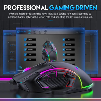 12800DPI RGB Gaming Mouse – Free Weight Macro with 12 Programmable Keys, 6-Level RGB Light for PC, Mac, PUBG, Laptop