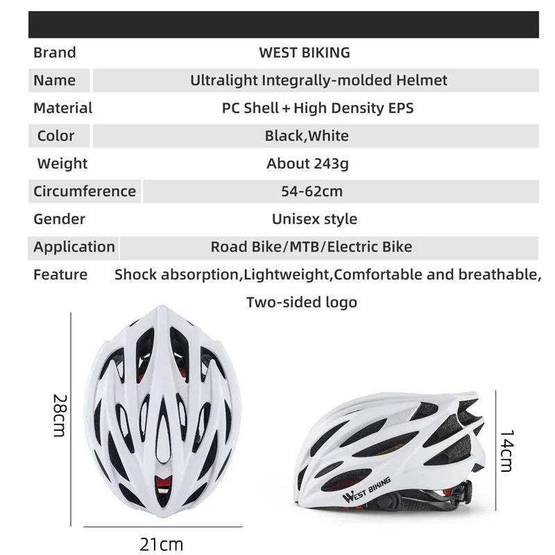 WEST BIKING Ultralight Cycling Helmet - Integrated Molding MTB & Road Bike Helmet for Men & Women